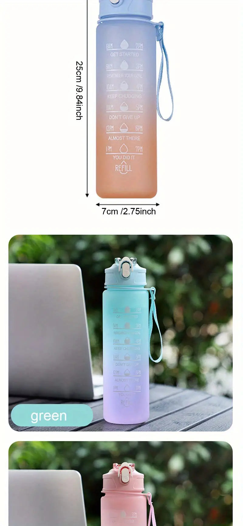 Motivational Ombre Color Water Bottle with Straw & Stickers