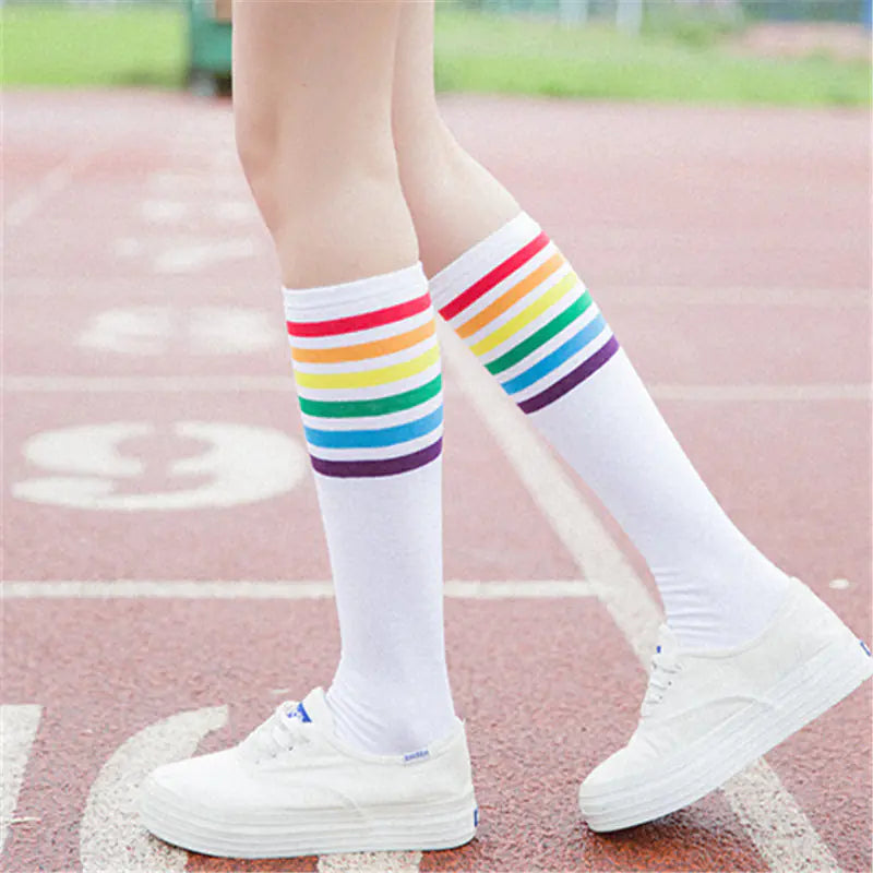 Rainbow Knee-High Cotton Striped Socks