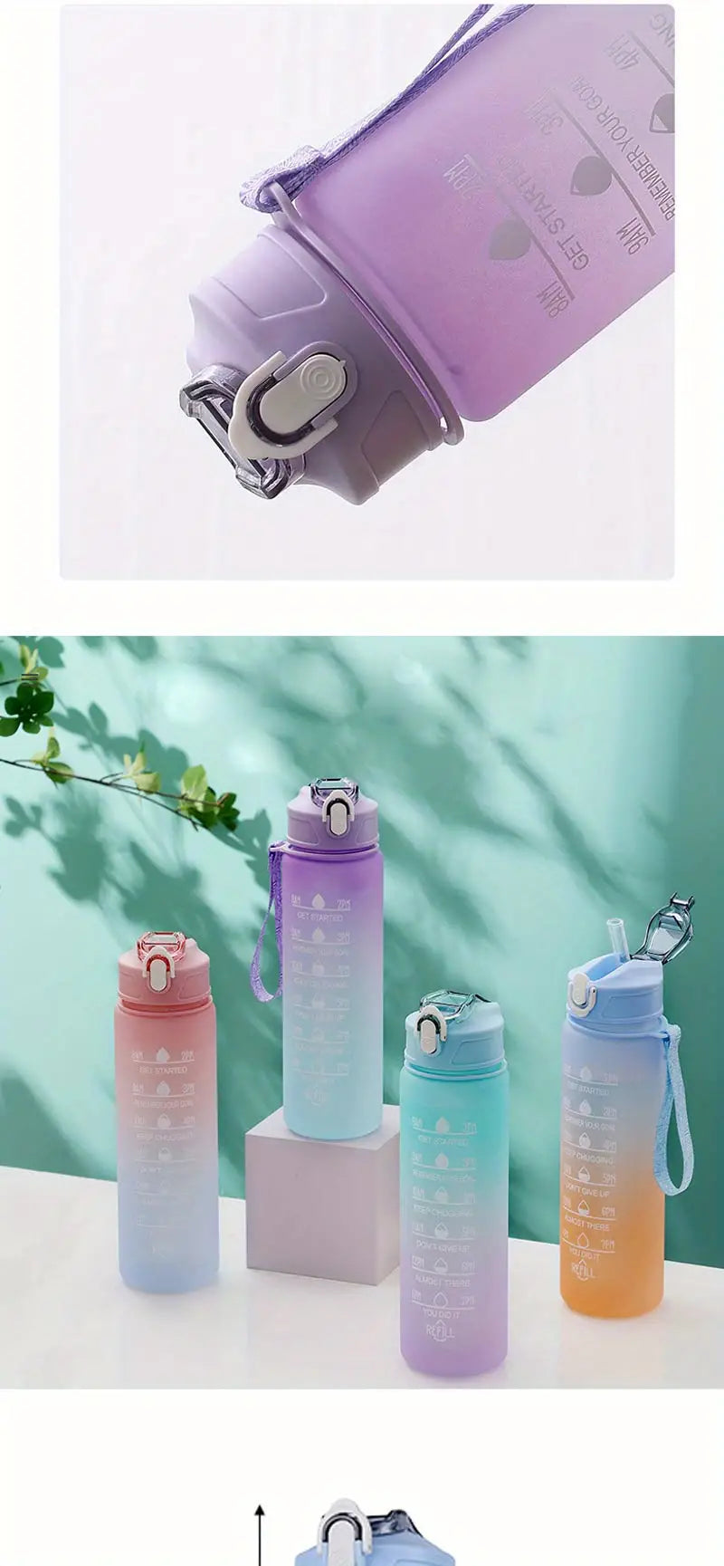 Motivational Ombre Color Water Bottle with Straw & Stickers