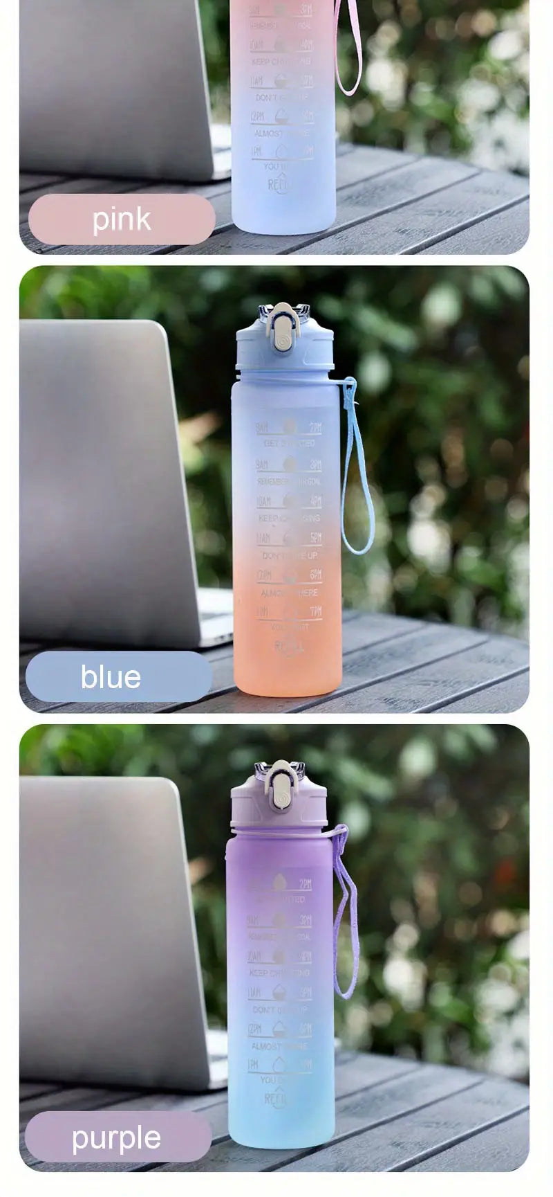 Motivational Ombre Color Water Bottle with Straw & Stickers