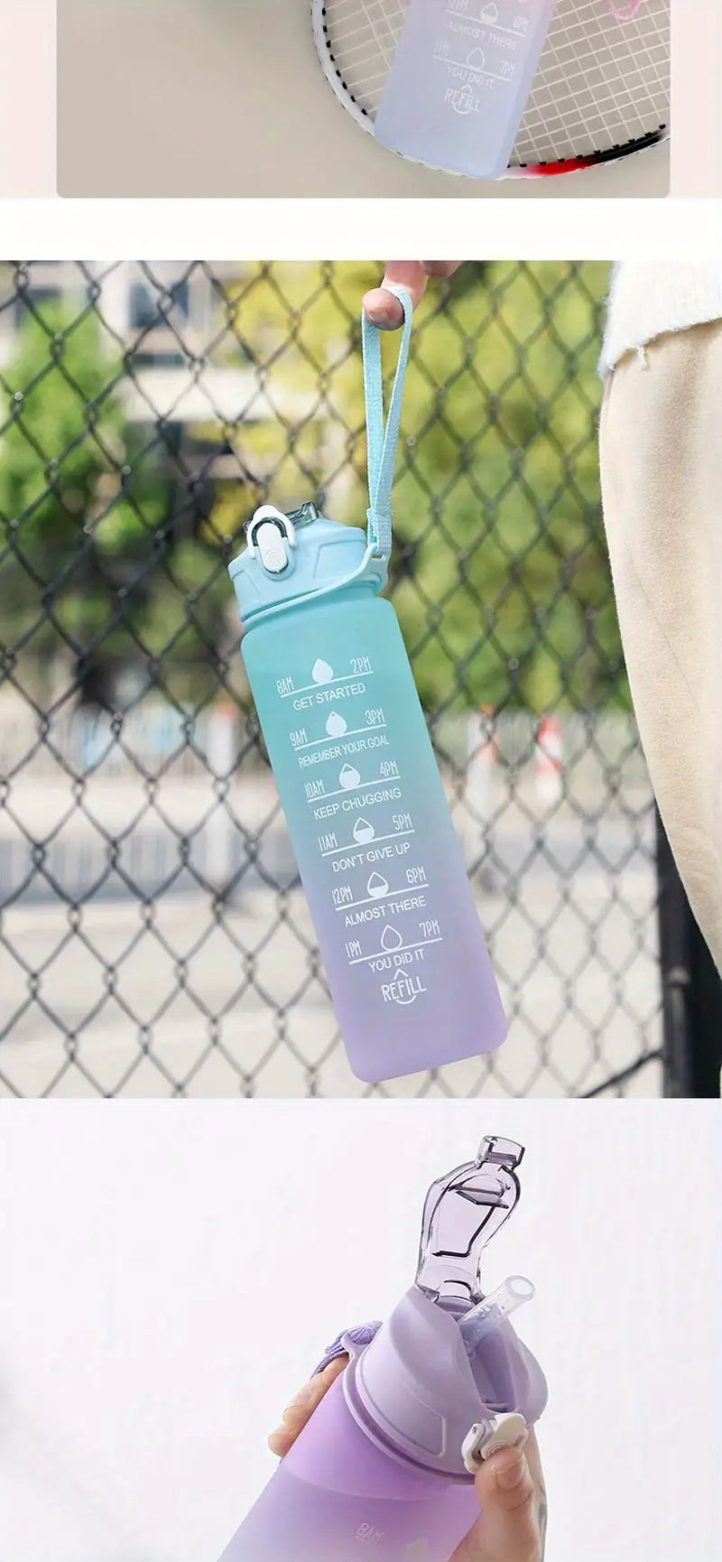 Motivational Ombre Color Water Bottle with Straw & Stickers