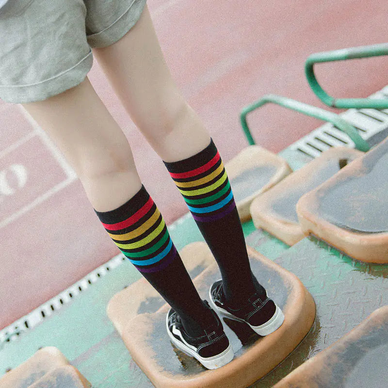 Rainbow Knee-High Cotton Striped Socks